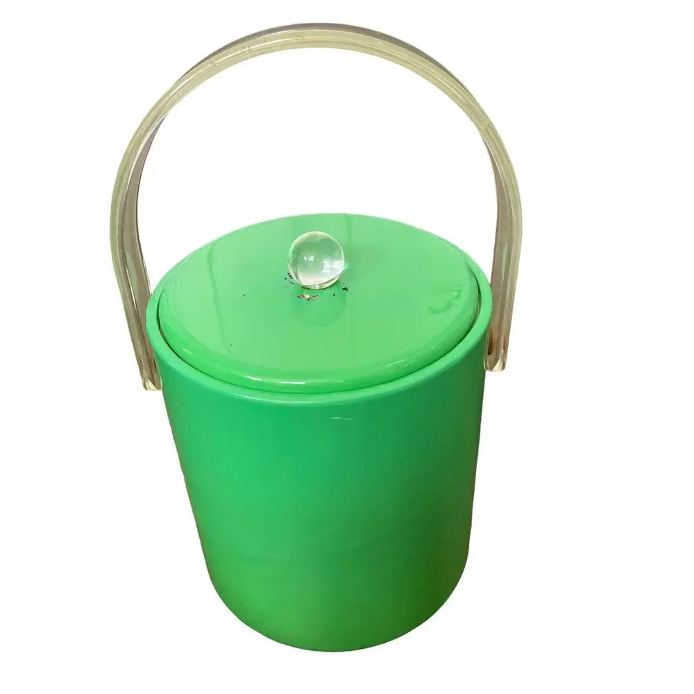 Mid Century Ice Bucket Lucite Handle & Knob Green Padded Vinyl Vintage FLAW